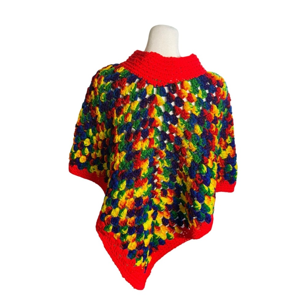 Vintage 70s Crochet Poncho Kids Rainbow Chunky Knit Boho Handmade Cape - Picture 5 of 10
